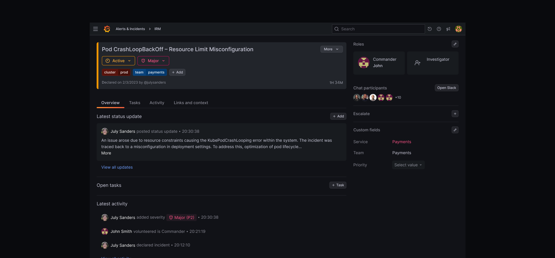 Grafana IRM active incident overview with roles and activity