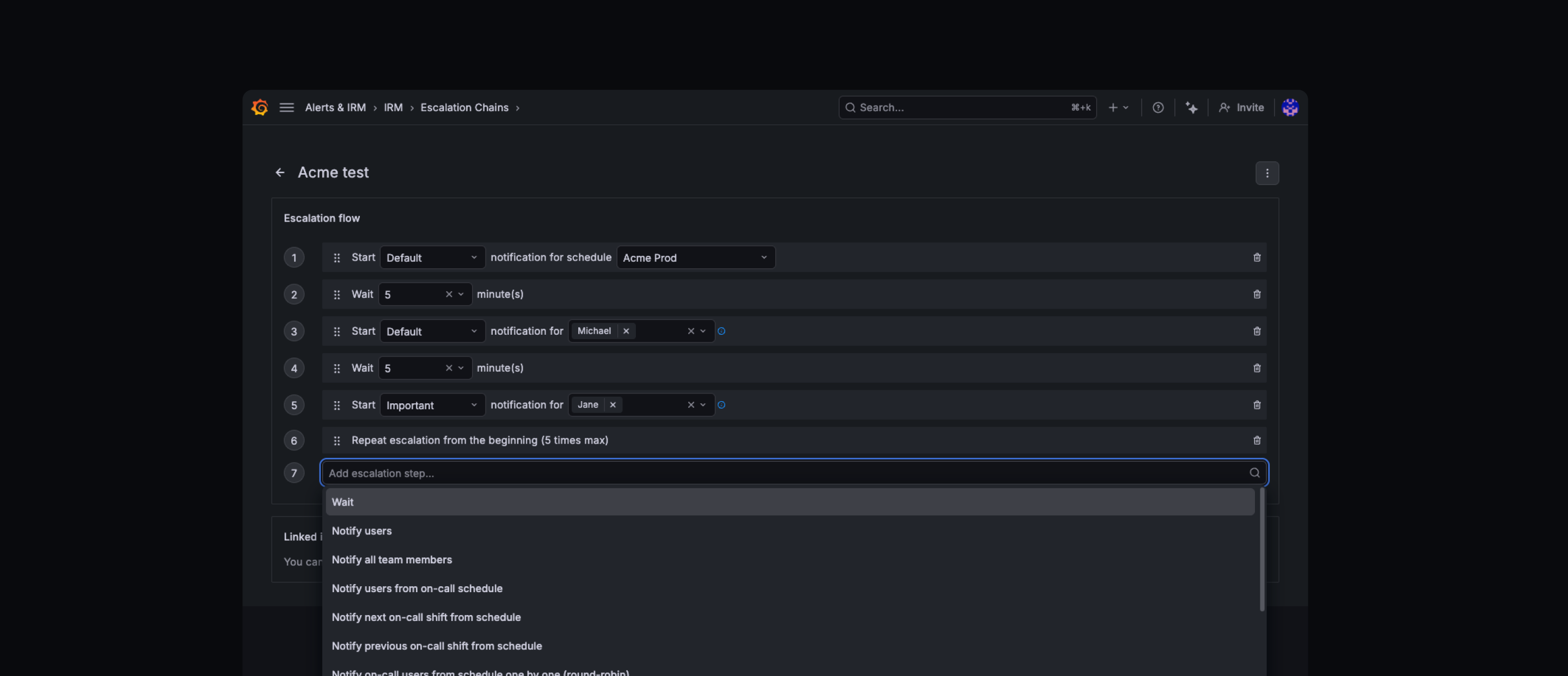 Grafana IRM escalation chain configuration steps