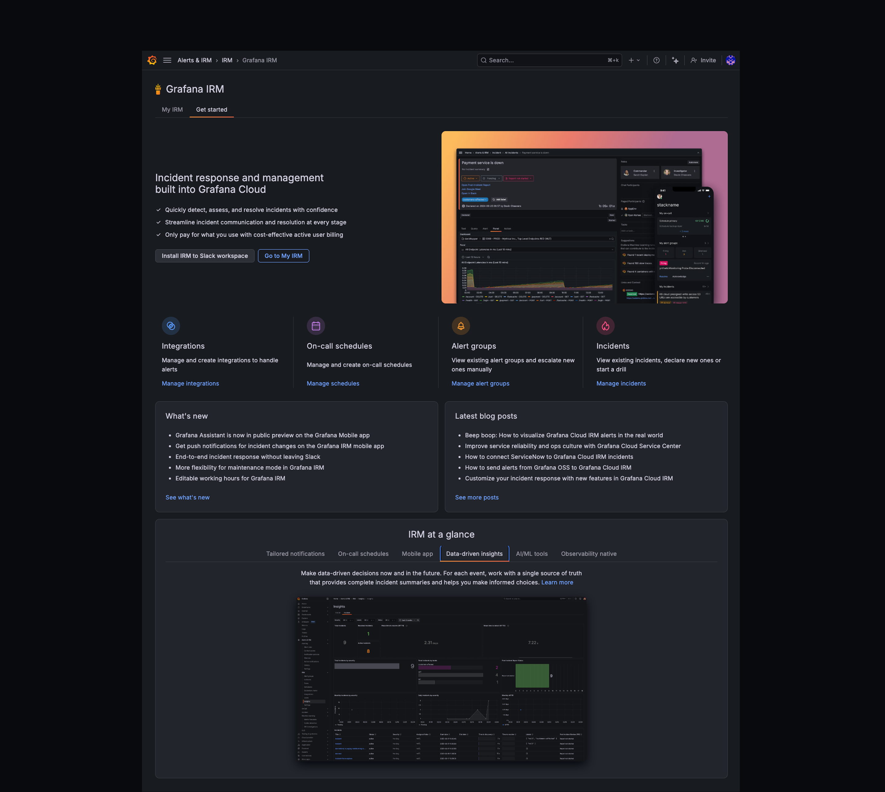 Grafana IRM Get started page with desktop and mobile incident views
